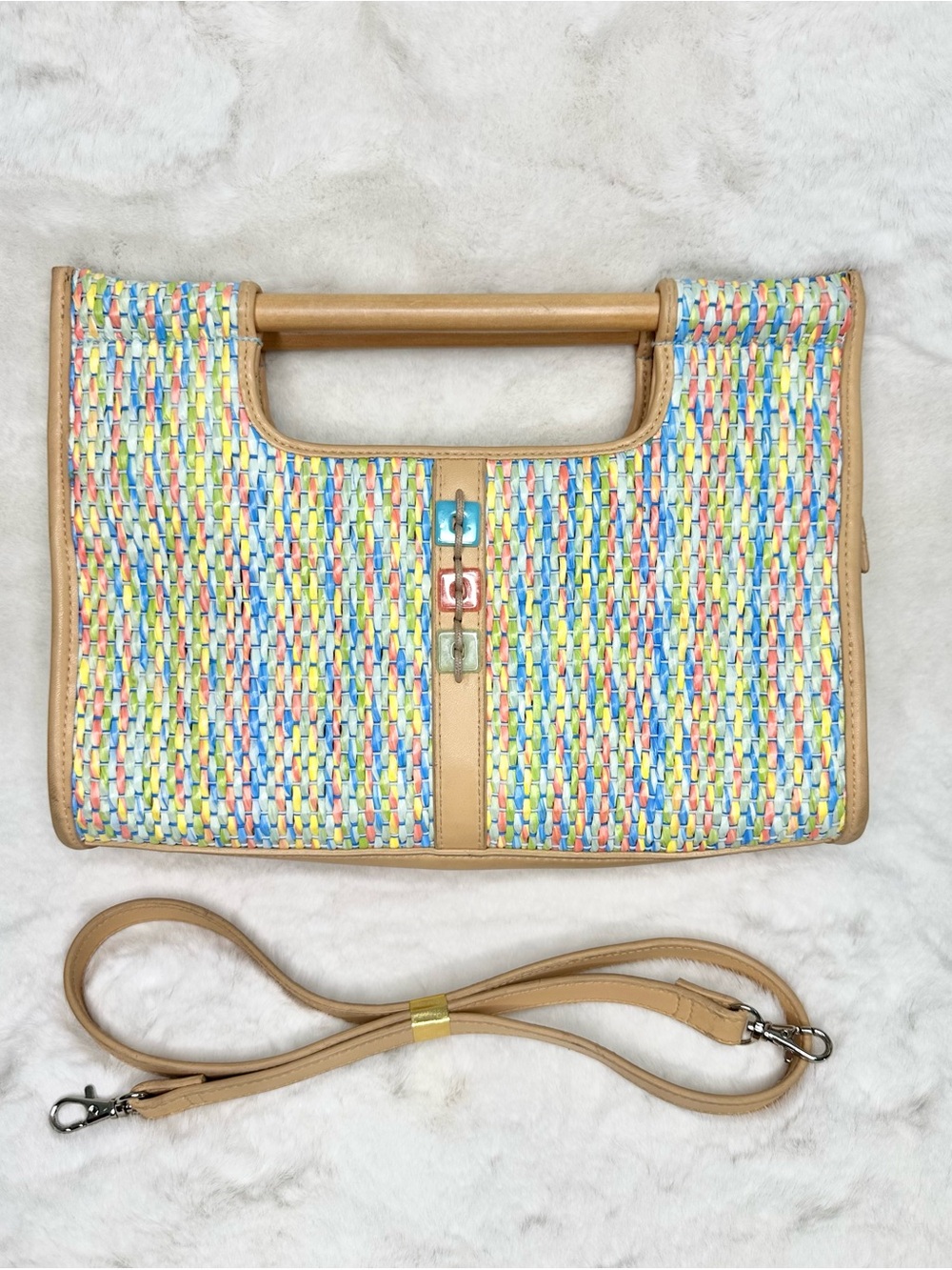 EGO Multicolor Straw Clutch / Crossbody with Wood Handles and Tan Leather Trim